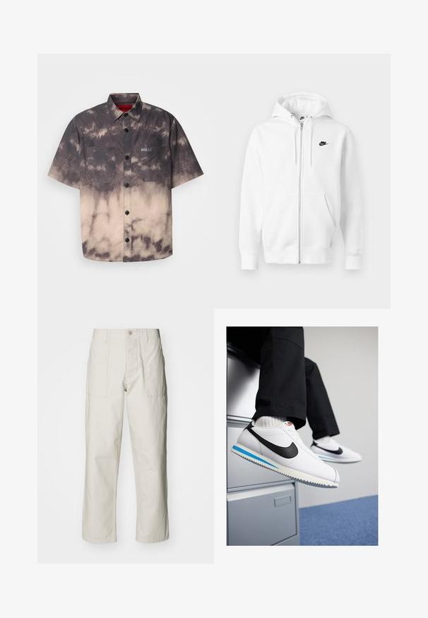 Felpa bianca con zip realizzata in tessuto morbido, con un logo Nike nero sul lato sinistro del petto e due tasche frontali. Cappuccio regolabile con cordini.; HUGO ERATINO - Camicia - medium brown; Pantaloni a gamba larga beige chiaro in cotone. Presentano tasche frontali e chiusura con bottone. Tessuto liscio con sottili linee verticali.; Sneakers in pelle bianca con uno swoosh Nike nero, suola in gomma leggera blu e grigia, e un classico design con lacci. I piedi poggiano su un armadietto.