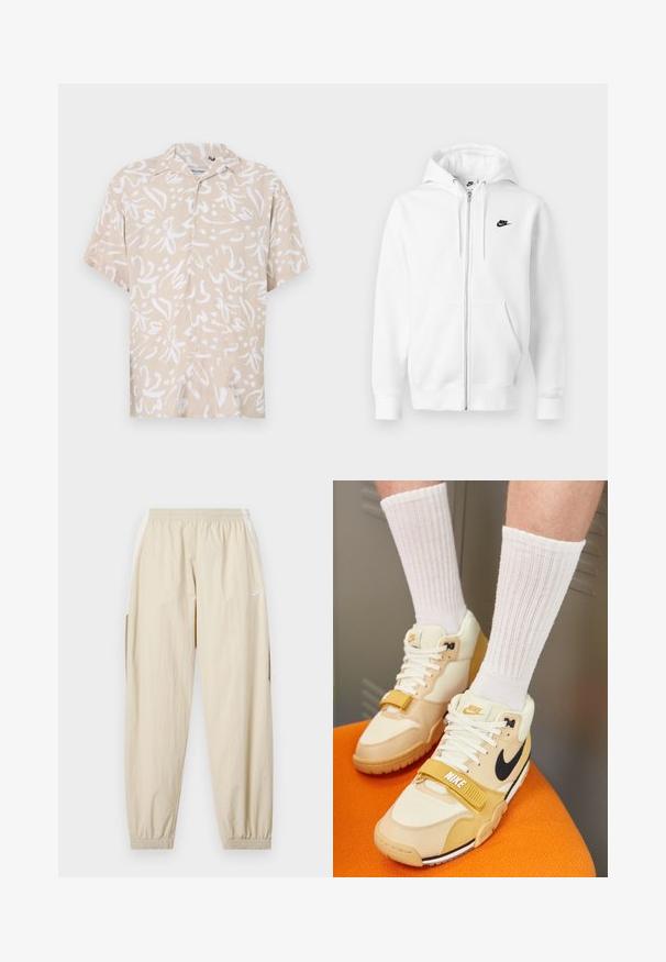Felpa bianca con zip in cotone morbido blend. Presenta un logo Nike nero, tasche anteriori e cappuccio regolabile con coulisse. Tessuto liscio.; Camicia beige a maniche corte con un motivo floreale astratto bianco. Realizzata in tessuto leggero, con una vestibilità rilassata e chiusura a bottoni.; Joggers leggeri beige con cintura elastica, caviglie regolabili, tasche laterali e logo Nike sottile in bianco sulla coscia sinistra.; Scarpe sportive Nike in pelle beige e crema, con un logo swoosh nero, lacci bianchi, una fascia in Velcro e una suola in gomma testurizzata.