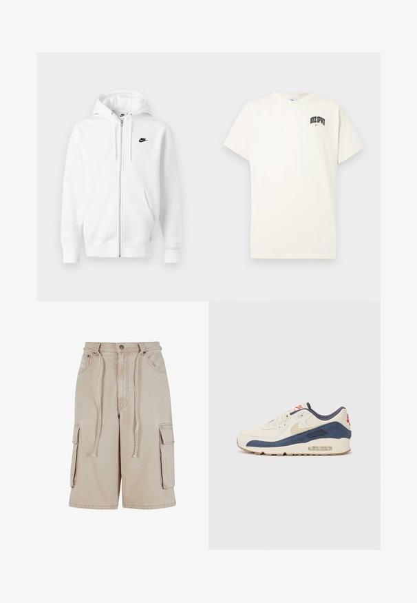 Vit zip-up hoodie i mjuk bomullsblandning. Utrustad med en svart Nike-logotyp, framfickor och justerbar dragsko i huvan. Mjuk textur.; Krämm färgad bomulls t-shirt med kort ärm, med "NIKE SB" i svart och röd text på bröstet. Standard rund halsringning.; Beiga cargo-shorts i bomull med dragsnöre i midjan, två sidofickor och en enkel sidficka, med synliga sömmar.; Sneakers med ovandel i krämfärgad läder och marinblå mocka, featuring en synlig luftsål, beige gummisula och röd accent på hälen.