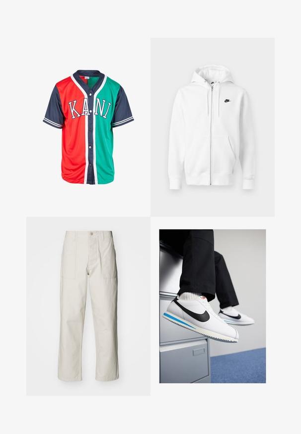 Witte hoodie met ritssluiting gemaakt van een zachte katoenmix. Voorzien van een zwart Nike-logo, voorzakken en een verstelbare capuchon met trekkoord. Gladde textuur.; Korte mouwen trui in rode en groene secties, met marineblauwe mouwen en afwerking. Heeft een knoopsluiting en "KANI" in witte letters op de voorkant.; Lichtbeige wijde broek van katoen. Voorzien van steekzakken en een knoopsluiting. Glad textuur met subtiele verticale lijnen.; Witte leren sneakers met een zwarte Nike swoosh, lichtblauwe en grijze rubberen zool, en een klassiek vetersluiting ontwerp. Voeten rustend op een archiefkast.