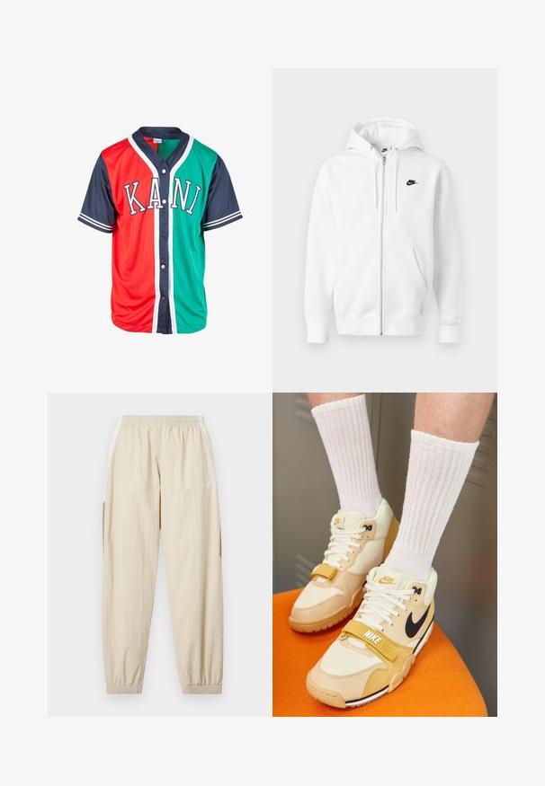 Witte hoodie met ritssluiting gemaakt van een zachte katoenmix. Voorzien van een zwart Nike-logo, voorzakken en een verstelbare capuchon met trekkoord. Gladde textuur.; Korte mouwen trui in rode en groene secties, met marineblauwe mouwen en afwerking. Heeft een knoopsluiting en "KANI" in witte letters op de voorkant.; Beige lichtgewicht joggingsbroek met elastische tailleband, boordjes bij de enkels, zijzakken en een subtiele witte Nike-logo op de linker dij.; Nike sportschoenen in beige en crème leer, met een zwarte swoosh, witte veters, een klittenbandsluiting en een gestructureerde rubberen zool.