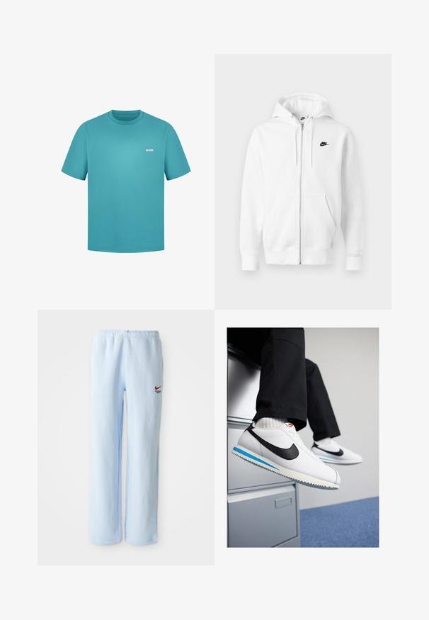 Hvid lynlåshættejakke lavet af blødt bomuldsblend. Har et sort Nike-logo, forlommer og justerbar snøre i hætten. Glat tekstur.; Turkist bomulds t-shirt med korte ærmer, rund halsudskæring og et lille hvidt logo-patch på venstre bryst. Glat tekstur, lige snit.; Lysblå joggebukser med elastisk talje, prydet med et lille rødt Nike-logo og teksten "Athletic Department". Blødt bomuldsstof.; Hvide lædersneakers med et sort Nike-swoosh, lys blå og grå gummisål samt klassisk snørebånd-design. Fødderne hviler på et arkivskab.