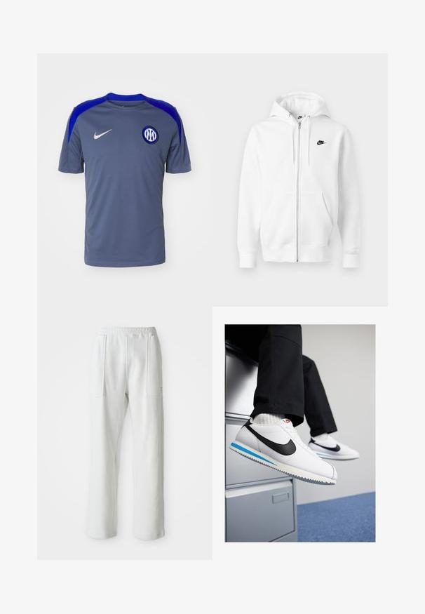 Valkoinen vetoketjullinen huppari, valmistettu pehmeästä puuvillasekoitteesta. Varustettu mustalla Nike-logolla, etutaskuilla ja säädettävällä kiristysnauhalla hupussa. Sileä pinta.; Harmaa lyhythihainen urheilupaita sinisillä tehosteilla hartioissa, jossa on pyöreä kaulus ja pyöreä logo vasemmassa rinnassa.; Valkoiset rento housut joustovyöllä ja suurilla etutaskuilla, esillä yksinkertaisella vaalealla taustalla.; Valkoiset nahkakengät, joissa on musta Nike-logomerkki, vaaleansininen ja harmaa kumipohja sekä klassinen nauhakiinnitys. Jalat lepäävät asiakirjakaapilla.