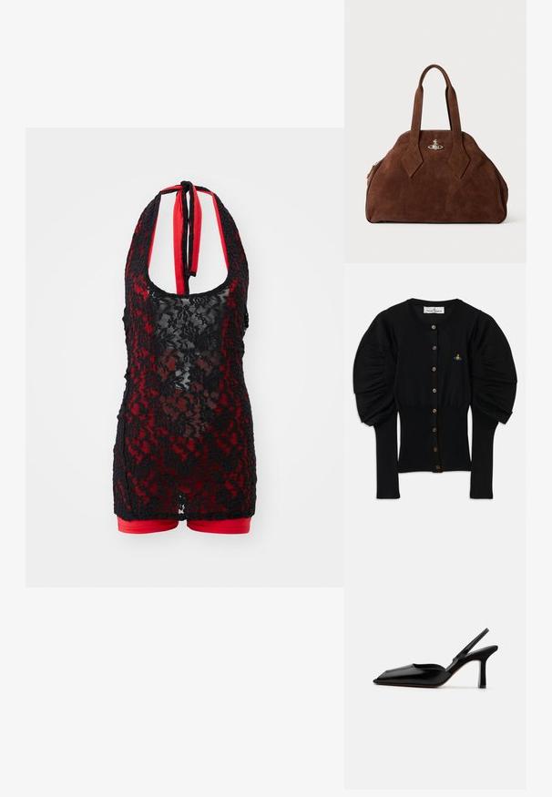 Sort strikket cardigan med puffede ærmer, otte brune knapper foran og et lille farverigt broderet design nær brystet.; Sorte blonder bodystocking med halterneck, der har en rød inderside og shorts-design. Blomster mønster med et gennemsigtigt materiale.; Sort læder slingback hæl med spids tå, minimalistisk design, tynd ankelrem og en slank stiletto hæl. Glat tekstur.; Brun suede håndtaske med en struktureret form, rund krop og forlængede diamantformede håndtag. Har en hardwarelukning i sølv.