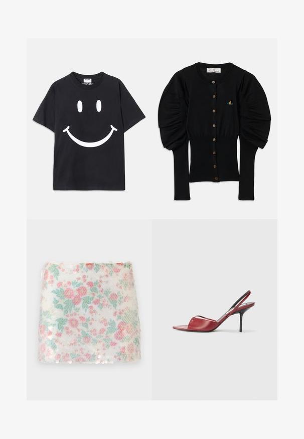 Juodas megztas kardiganas su pūstomis rankovėmis, aštuoni rudai sagos priekyje ir mažas spalvingas siuvinėjimas šalia krūtinės.; Juodas trumpas rankovėmis marškinėliai, pagaminti iš medvilnės, su dideliu baltu šypsenėlių piešiniu priekyje. Klasikinis apvalus iškirpimas.; Gėlėmis raštuotas baltas audinys su pastelinių rožinių ir žalių gėlių motyvais, turintis faktūrinį paviršių ir subtilius blizgučius apatinėje kraštinėje.; Raudoni odiniai slingback aukštakulniai sandalai su smailiu atviru pirštu, plona juostele per pėdą ir siauru stiletu.