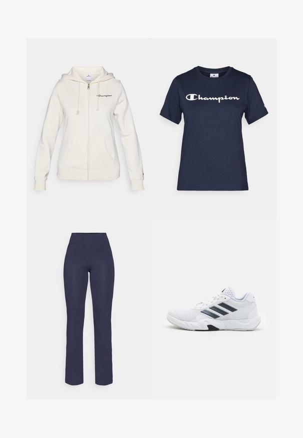 Witte zip-up hoodie van zachte stof, met een trekkoordcapuchon, voorzakken en een klein logo op de linkerborst.; Navyblauwe katoenen t-shirt met korte mouwen, voorzien van een witte "Champion"-logo op de borst en een klein logo op de mouw.; Marineblauwe, aansluitende yoga pants met een hoge tailleband en rechte pijpen, gemaakt van een soepele, rekbare stof. Geen zichtbare patronen of accenten.; Witte sportieve schoen met een bovenwerk van mesh, drie zwarte strepen aan de zijkant, gestructureerde accenten en een stevige rubberen zool met een contrasterend zwart gedeelte.