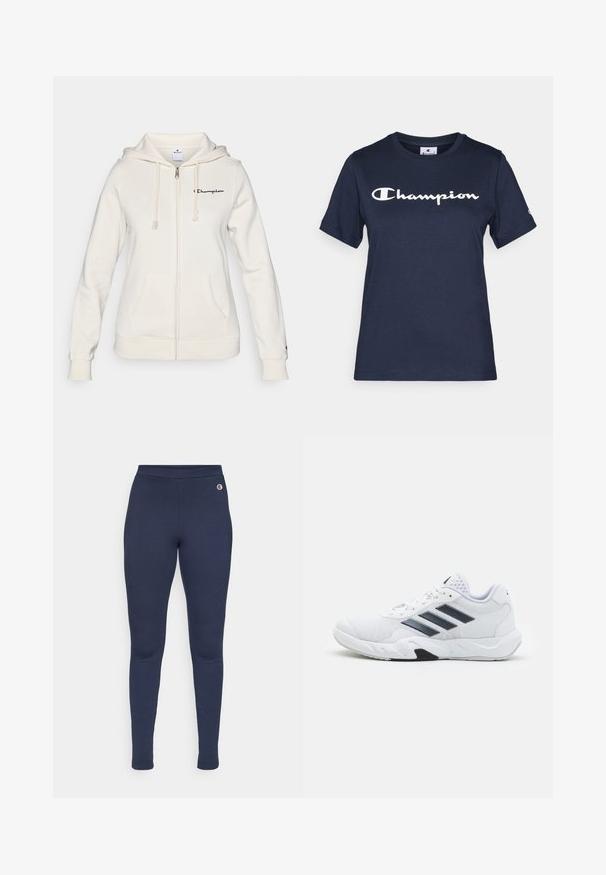 Moletom branco com fecho éclair, feito de tecido macio, apresentando capuz ajustável com cordão, bolsos frontais e um pequeno logótipo no lado esquerdo do peito.; Camiseta de algodão azul-marinho com mangas curtas, com um logo branco "Champion" no peito e um pequeno logo na manga.; Leggings na cor azul-marinho feitos de tecido elástico, apresentando um design ajustado com uma cintura lisa e um pequeno logotipo na altura do quadril.; Tênis atlético branco com parte superior em malha, três listras pretas de cada lado, detalhes texturizados e uma sola de borracha resistente com uma seção preta contrastante.