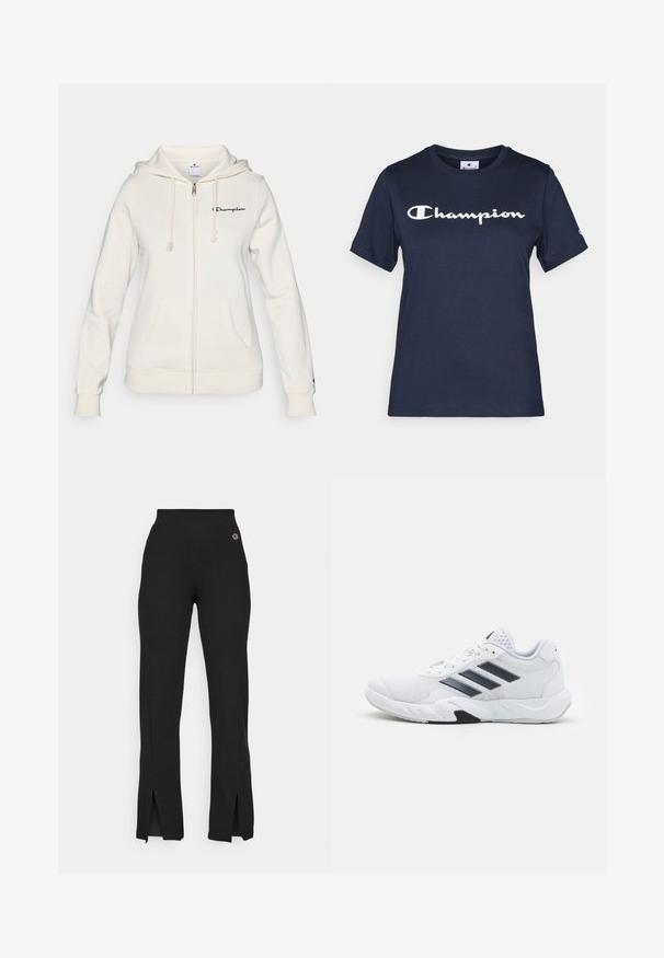 Biely zipsový hoodie vyrobený z jemnej textílie, s kapucňou na šnúrku, prednými vreckami a malým logom na ľavej hrudi.; Námornícky modré bavlnené tričko s krátkymi rukávmi, so bielym logom "Champion" cez hruď a malým logom na rukáve.; Čierne látkové nohavice s vysokým pásom, na spodnom leme s postrannými rozparkami a s malým vyšitým logom na hornej ľavej strane.; Biele športové topánky s ventilovaným vrchom, tromi čiernymi pruhmi po stranách, textúrovanými akcentmi a pevným gumovým podošvom s kontrastnou čiernou časťou.