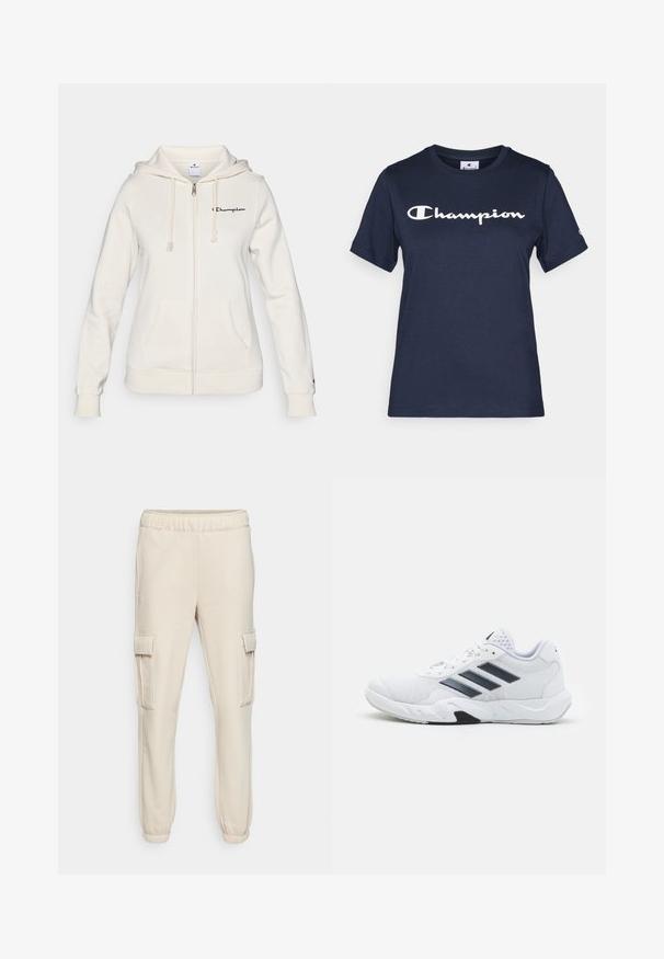 Balta užtrauktuku užsisegama džemperis, pagamintas iš minkštos medžiagos, turi suveržiamą kapšelį, priekines kišenes ir mažą logotipą kairėje krūtinės pusėje.; Tamsiai mėlynas medvilninis marškinėlis trumpomis rankovėmis, su baltu "Champion" logotipu krūtinėje ir mažu logotipu ant rankovės.; Smėlio spalvos kargo kelnės, pagamintos iš minkštos medžiagos, su elastingu juosmeniu, dviem šoninėmis kišenėmis ir guminiu apvadu ant kulkšnies.; Baltas sportinis batelis su tinklelio viršumi, trimis juodomis juostelėmis šone, tekstūruotais akcentais ir tvirtu guminio pado su kontrastinga juoda dalimi.
