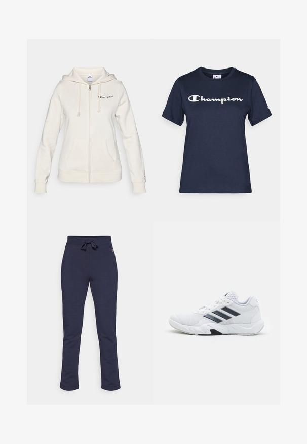 Balts kapuces džemperis ar rāvējslēdzēju, izgatavots no mīkstas auduma, ar regulējamu kapuci, priekšējām kabatām un mazu logo kreisajā krūtī.; Tumši zila kokvilnas T-kreklu ar īsām piedurknēm, kuram uz krūtīm ir balts "Champion" logo un neliels logo uz piedurknes.; Tumši zili treniņbikses, izgatavotas no mīksta auduma, ar regulējamu auklu jostu, taisnām kājām, un mazu logo sānos.; Baltā sporta apavi ar sietu augšdaļu, trīs melnām svītrām sānos, teksturētām akcentiem un izturīgu gumijas zoli ar kontrastējošu melnu daļu.