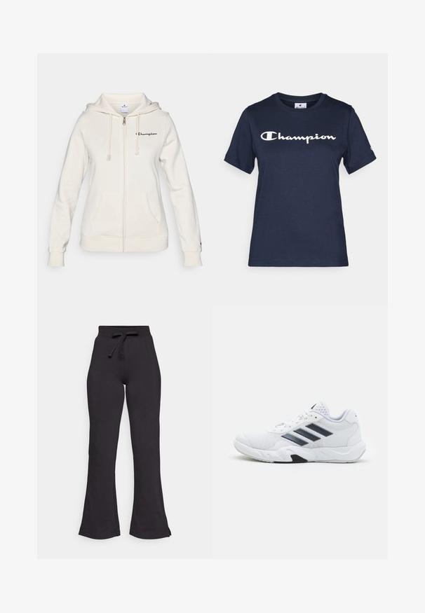 Moletom branco com fecho éclair, feito de tecido macio, apresentando capuz ajustável com cordão, bolsos frontais e um pequeno logótipo no lado esquerdo do peito.; Camiseta de algodão azul-marinho com mangas curtas, com um logo branco "Champion" no peito e um pequeno logo na manga.; Calças de treino pretas com corte amplo, feitas de um tecido suave, apresentando um cós elástico com cordão e uma textura lisa. Projetadas para conforto e facilidade de uso.; Tênis atlético branco com parte superior em malha, três listras pretas de cada lado, detalhes texturizados e uma sola de borracha resistente com uma seção preta contrastante.