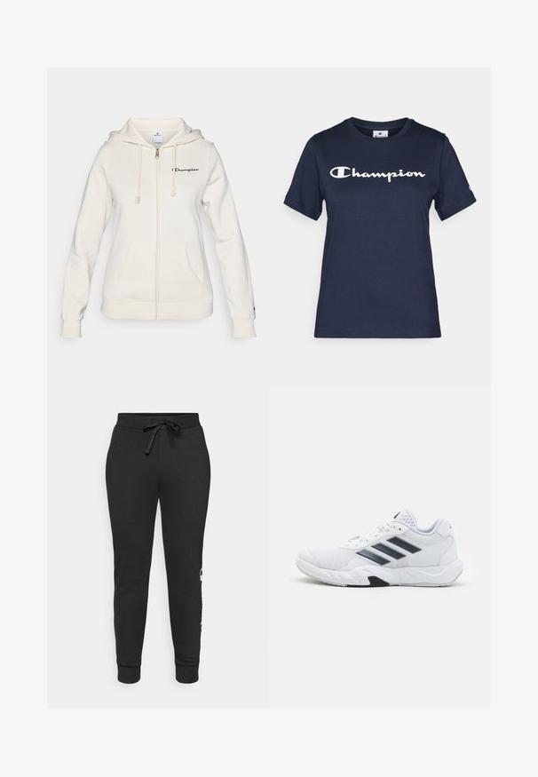 Hvit zip-up hettegenser laget av myk stoff, med snorhette, frontlommer, og en liten logo på venstre bryst.; Marineblå bomull T-skjorte med korte ermer, med en hvit "Champion" logo over brystet og en liten logo på ermet.; Svarte tapered joggebukser med snøring i midjen, laget av myk stoff. Har ribbestrikkede mansjetter og et trykt logodetalj på siden.; Hvit sportsko med mesh-overdel, tre svarte striper på siden, teksturerte detaljer og en solid gummisåle med en kontrasterende svart seksjon.