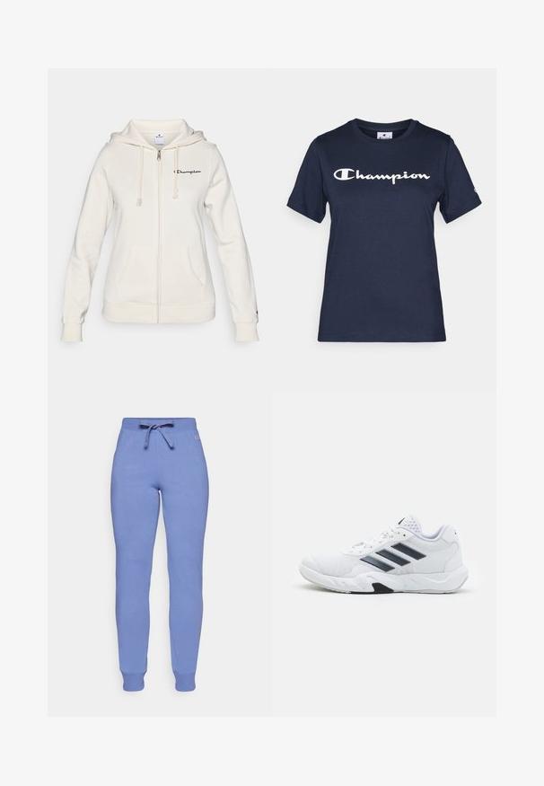 Balts kapuces džemperis ar rāvējslēdzēju, izgatavots no mīkstas auduma, ar regulējamu kapuci, priekšējām kabatām un mazu logo kreisajā krūtī.; Tumši zila kokvilnas T-kreklu ar īsām piedurknēm, kuram uz krūtīm ir balts "Champion" logo un neliels logo uz piedurknes.; Gaiši zili sporta bikses, izgatavotas no mīkstas auduma, ar aukliņu jostasvietā, ribotām piedurknēm un mazu logotipu uz augšstilba.; Baltā sporta apavi ar sietu augšdaļu, trīs melnām svītrām sānos, teksturētām akcentiem un izturīgu gumijas zoli ar kontrastējošu melnu daļu.