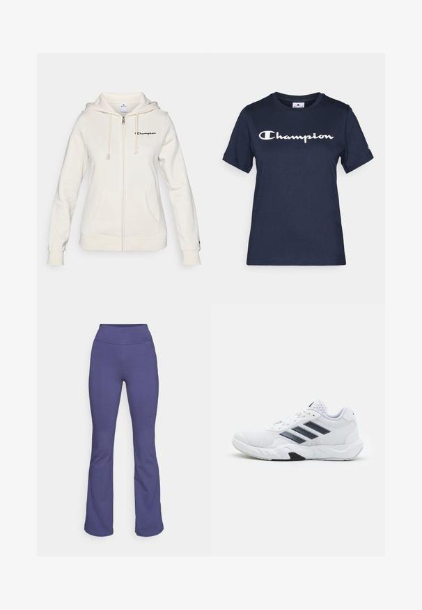 White zip-up hoodie made of soft fabric, featuring a drawstring hood, front pockets, and a small logo on the left chest.; Navy blue cotton t-shirt with short sleeves, featuring a white "Champion" logo across the chest and a small logo on the sleeve.; Purple flared pants made from stretchy fabric, featuring a high waistband and smooth texture, designed for comfort and flexibility.; White athletic shoe with mesh upper, three black stripes on the side, textured accents, and a sturdy rubber sole with a contrasting black section.