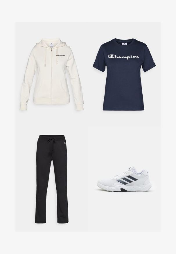 Vit zip-up hoodie i mjuk tyg, med dragkedja, snörning i huva, framfickor och en liten logotyp på vänster bröst.; Mörkblå bomulls-t-shirt med korta ärmar, med en vit "Champion"-logga på bröstet och en liten logga på ärmen.; Svarta sweatpants gjorda av mjukt material, med dragsko i midjan, raka ben och subtil logotypdetalj på den övre sidan.; Vit sportskor med mesh-överdel, tre svarta ränder på sidan, texturerade detaljer och en stadig gummisula med en kontrasterande svart del.