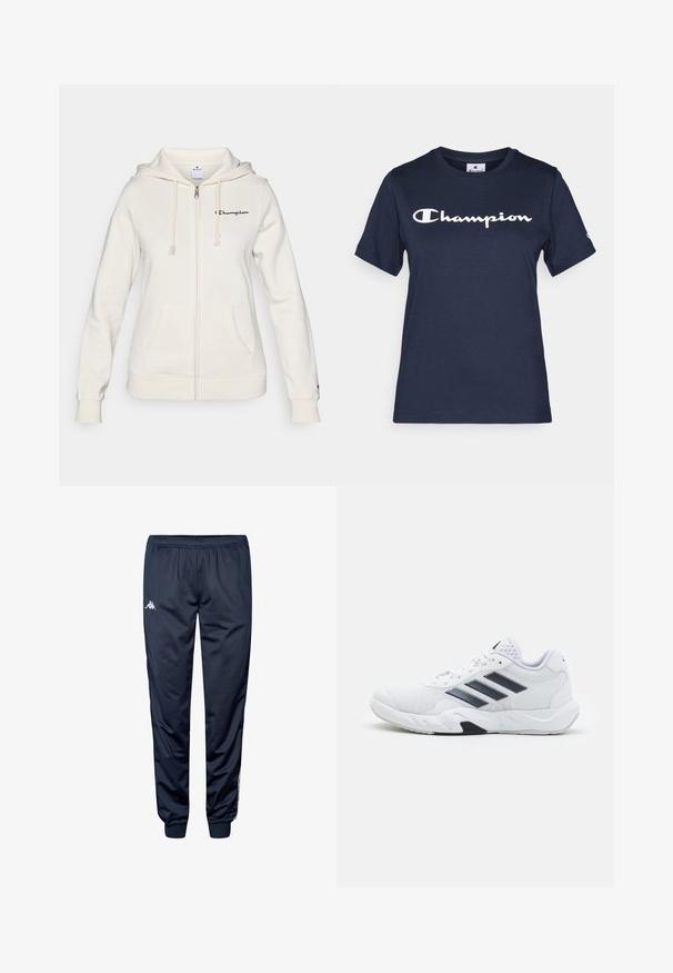 Hvit zip-up hettegenser laget av myk stoff, med snorhette, frontlommer, og en liten logo på venstre bryst.; Marineblå bomull T-skjorte med korte ermer, med en hvit "Champion" logo over brystet og en liten logo på ermet.; Mørkeblå treningsbukser med elastisk liv, mansjettankler og hvit Kappa-logo på øvre venstre bein.; Hvit sportsko med mesh-overdel, tre svarte striper på siden, teksturerte detaljer og en solid gummisåle med en kontrasterende svart seksjon.