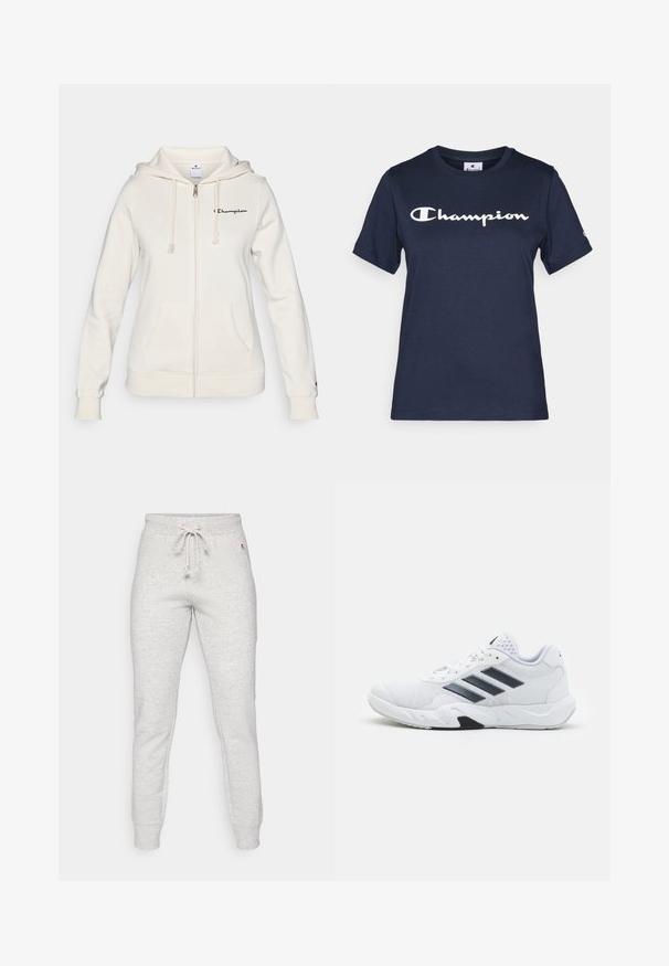 Bijela zip-jakna izrađena od mekanog materijala, s kapuljačom na žicu, prednjim džepovima i malim logotipom na lijevoj strani prsnog koša.; Tamno plava pamučna majica s kratkim rukavima, s bijelim "Champion" logotipom na prsima i malim logotipom na rukavu.; Sive trenirke napravljene od meke mješavine pamuka, s elastičnim pojasom i vezicom te rebrastim manžetama. Minimalno brendiranje sa strane.; Bijela atletska cipela s mrežastim gornjim dijelom, tri crne pruge sa strane, strukturirani detalji i čvrst gumeni potplat s kontrastnim crnim dijelom.