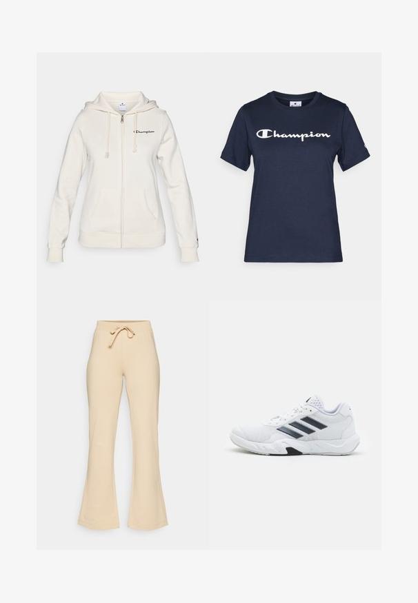 Hvit zip-up hettegenser laget av myk stoff, med snorhette, frontlommer, og en liten logo på venstre bryst.; Marineblå bomull T-skjorte med korte ermer, med en hvit "Champion" logo over brystet og en liten logo på ermet.; Beige vide joggebukser med snøring i midjen, laget av mykt stoff, med en glatt tekstur og minimale sømmer.; Hvit sportsko med mesh-overdel, tre svarte striper på siden, teksturerte detaljer og en solid gummisåle med en kontrasterende svart seksjon.