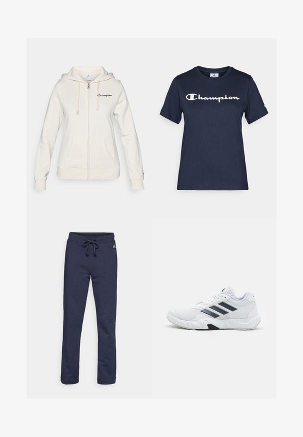 Moletom branco com fecho éclair, feito de tecido macio, apresentando capuz ajustável com cordão, bolsos frontais e um pequeno logótipo no lado esquerdo do peito.; Camiseta de algodão azul-marinho com mangas curtas, com um logo branco "Champion" no peito e um pequeno logo na manga.; Calças de treino azul-marinho feitas de um suave tecido em mistura de algodão, com cintura elástica ajustável e bainha fechada, apresentando um pequeno logótipo como detalhe.; Tênis atlético branco com parte superior em malha, três listras pretas de cada lado, detalhes texturizados e uma sola de borracha resistente com uma seção preta contrastante.