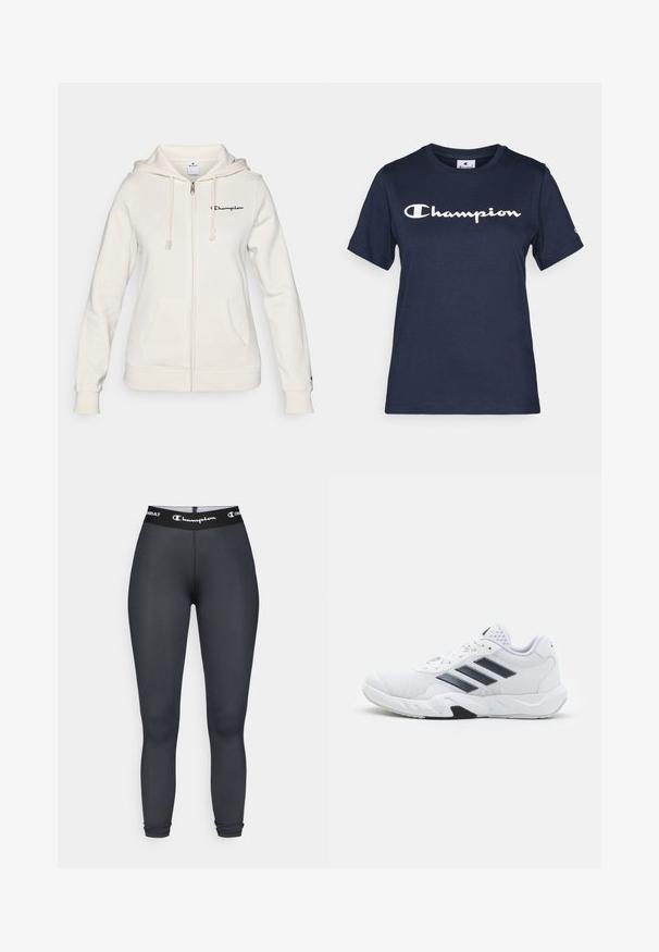 Balta užtrauktuku užsisegama džemperis, pagamintas iš minkštos medžiagos, turi suveržiamą kapšelį, priekines kišenes ir mažą logotipą kairėje krūtinės pusėje.; Tamsiai mėlynas medvilninis marškinėlis trumpomis rankovėmis, su baltu "Champion" logotipu krūtinėje ir mažu logotipu ant rankovės.; Juodi sportiniai leggingai, pagaminti iš lygaus, tampraus audinio. Savybės: plati juosmens juosta su "Champion" logotipu ir prigludusi siluetas.; Baltas sportinis batelis su tinklelio viršumi, trimis juodomis juostelėmis šone, tekstūruotais akcentais ir tvirtu guminio pado su kontrastinga juoda dalimi.