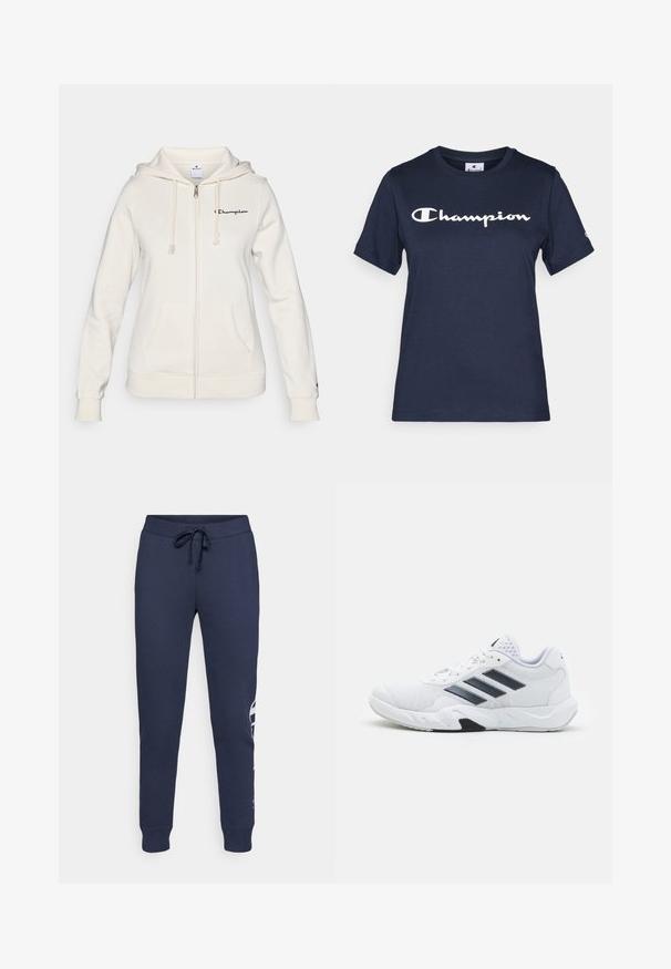 Fehér zipzáras kapucnis pulóver, puha anyagból készült, húzózsinórral ellátott kapucnival, elülső zsebekkel és egy kis logóval a bal mellrészen.; Sötétkék pamut póló rövid ujjakkal, fehér "Champion" logóval a mellkason és egy kis logóval az ujján.; Sötétkék melegítőnadrág, puha anyagból készült, állítható derékkal, szűkülő szárakkal és feltűnő fehér logóval az oldalon.; Fehér sportcipő, hálós felsőrésszel, az oldalon három fekete csíkkal, textúrázott részletekkel és egy tartós gumi talppal, amelynek ellentétes fekete szakasza van.