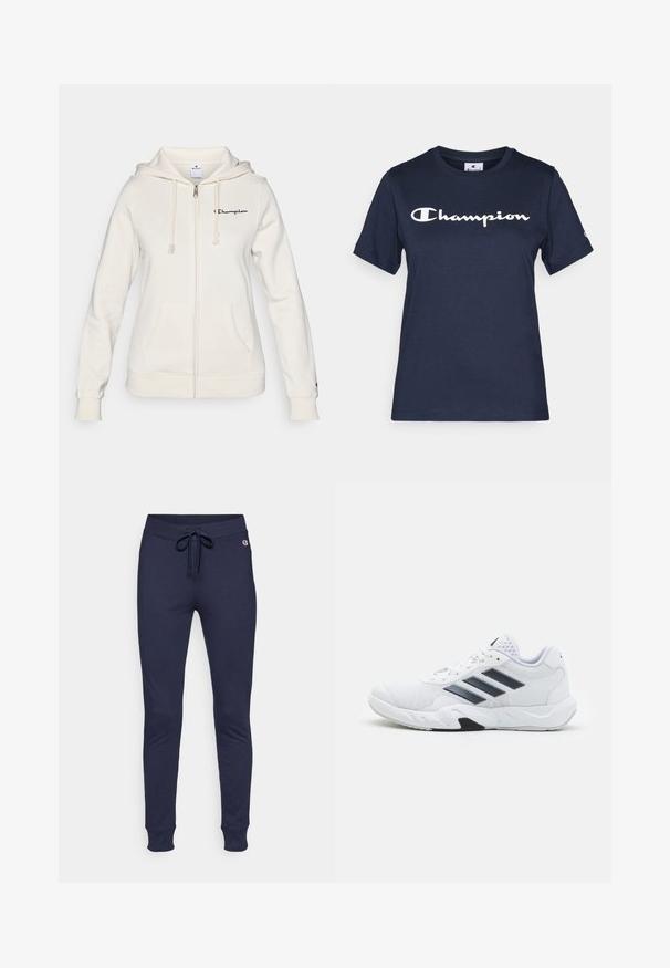 Biely zipsový hoodie vyrobený z jemnej textílie, s kapucňou na šnúrku, prednými vreckami a malým logom na ľavej hrudi.; Námornícky modré bavlnené tričko s krátkymi rukávmi, so bielym logom "Champion" cez hruď a malým logom na rukáve.; Námornícke tepláky s elastickým pásom a šnúrkou, s užšími nohavicami a rebrovanými manžetami. Vyrobené z jemného, elastického materiálu, s malým logom na boku.; Biele športové topánky s ventilovaným vrchom, tromi čiernymi pruhmi po stranách, textúrovanými akcentmi a pevným gumovým podošvom s kontrastnou čiernou časťou.