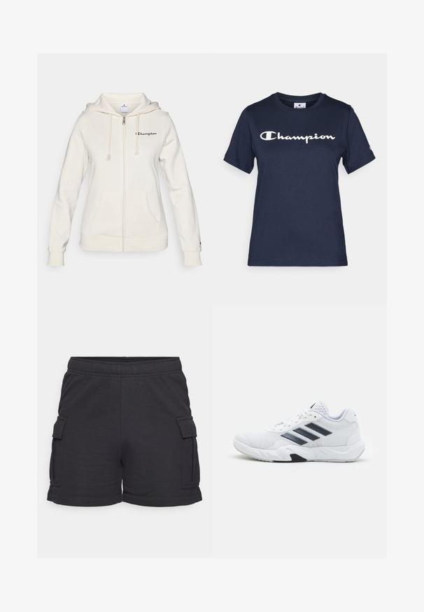 Balta užtrauktuku užsisegama džemperis, pagamintas iš minkštos medžiagos, turi suveržiamą kapšelį, priekines kišenes ir mažą logotipą kairėje krūtinės pusėje.; Tamsiai mėlynas medvilninis marškinėlis trumpomis rankovėmis, su baltu "Champion" logotipu krūtinėje ir mažu logotipu ant rankovės.; Juodos cargo šortai, pagaminti iš minkštos, elastingos medžiagos. Yra šoninės kišenės, elastinga juosmens juosta ir apverstai apatinis kraštas.; Baltas sportinis batelis su tinklelio viršumi, trimis juodomis juostelėmis šone, tekstūruotais akcentais ir tvirtu guminio pado su kontrastinga juoda dalimi.