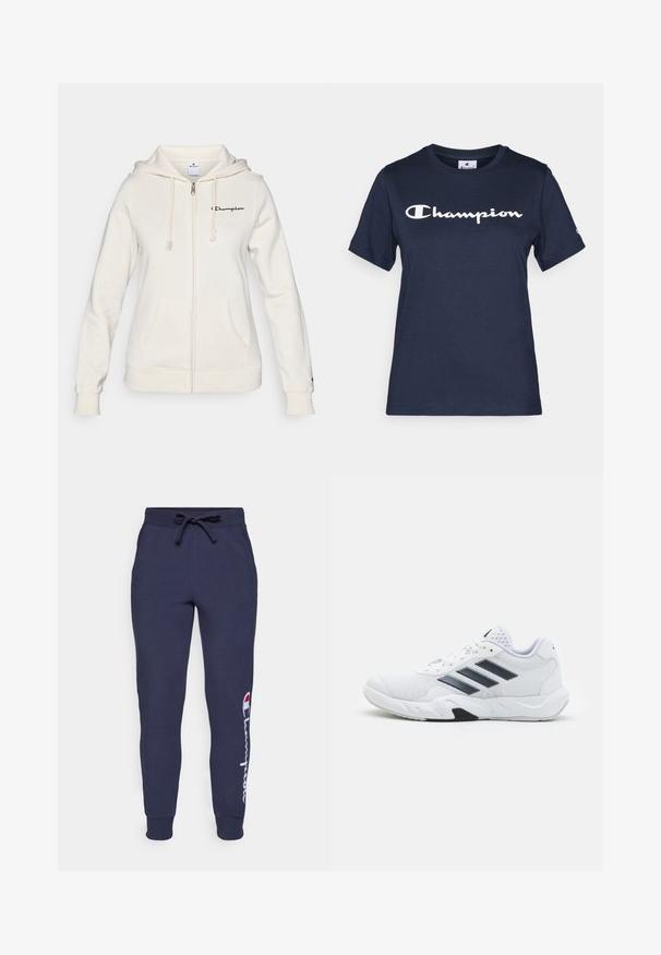 Witte zip-up hoodie van zachte stof, met een trekkoordcapuchon, voorzakken en een klein logo op de linkerborst.; Navyblauwe katoenen t-shirt met korte mouwen, voorzien van een witte "Champion"-logo op de borst en een klein logo op de mouw.; Marineblauwe sweatpants met een verstelbare tailleband, elastische boorden en een wit Champion-logoontwerp langs het linkerbeen. Zachte katoenmix.; Witte sportieve schoen met een bovenwerk van mesh, drie zwarte strepen aan de zijkant, gestructureerde accenten en een stevige rubberen zool met een contrasterend zwart gedeelte.