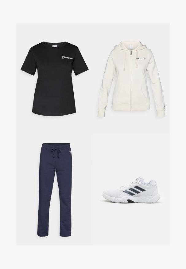 Witte zip-up hoodie van zachte stof, met een trekkoordcapuchon, voorzakken en een klein logo op de linkerborst.; Zwarte T-shirt met korte mouwen van katoen, voorzien van een klein wit 'Champion' logo geborduurd op de linkerborst. Klassieke pasvorm.; Marineblauwe sweatpants gemaakt van een zachte katoenmix, met een trekkoord in de taille en een gesloten zoom, voorzien van een klein logo-accent.; Witte sportieve schoen met een bovenwerk van mesh, drie zwarte strepen aan de zijkant, gestructureerde accenten en een stevige rubberen zool met een contrasterend zwart gedeelte.