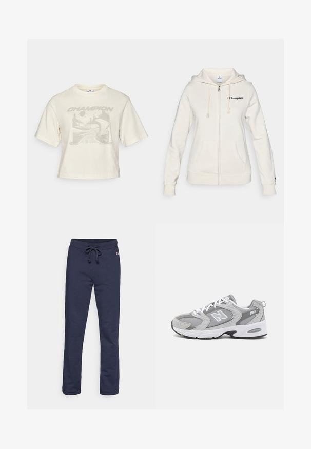 Bijela zip-jakna izrađena od mekanog materijala, s kapuljačom na žicu, prednjim džepovima i malim logotipom na lijevoj strani prsnog koša.; Skraćena krem majica od pamuka, sivi grafički print apstraktnih krajolika i riječ "CHAMPION" u podebljanom fontu.; Tamno plave trenirke napravljene od mekanog pamuka, sa pojasom na vezanje i zatvorenim rubovima, uz mali logotip kao akcent.; Sive zimske tenisice s mrežastim i antilop gornjim dijelom, bijelim vezicama i crnim potplatom. Imaju istaknuti logotip "N" i podstavljeni ovratnik.