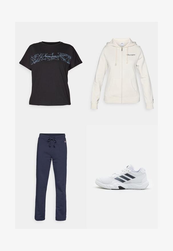 Moletom branco com fecho éclair, feito de tecido macio, apresentando capuz ajustável com cordão, bolsos frontais e um pequeno logótipo no lado esquerdo do peito.; T-shirt preto de manga curta feito de algodão com um padrão geométrico azul e o logótipo "mizuno" no peito. Design de ajuste relaxado.; Calças de treino azul-marinho feitas de um suave tecido em mistura de algodão, com cintura elástica ajustável e bainha fechada, apresentando um pequeno logótipo como detalhe.; Tênis atlético branco com parte superior em malha, três listras pretas de cada lado, detalhes texturizados e uma sola de borracha resistente com uma seção preta contrastante.