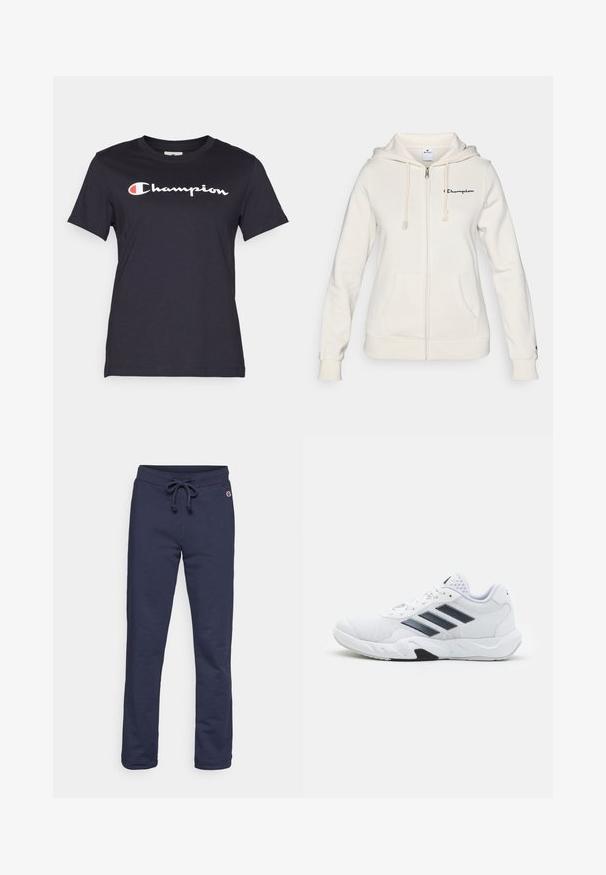 Balts kapuces džemperis ar rāvējslēdzēju, izgatavots no mīkstas auduma, ar regulējamu kapuci, priekšējām kabatām un mazu logo kreisajā krūtī.; Melns īsās piedurknes T-krekls, kas izgatavots no kokvilnas, ar lielu baltu "Champion" logotipu krūšu daļā un sarkaniem akcentiem.; Kara zila sporta bikses, izgatavotas no mīksta kokvilnas maisījuma auduma, ar auklu viduklī un aizvērtu apakšējo malu, ar mazu logo akcentu.; Baltā sporta apavi ar sietu augšdaļu, trīs melnām svītrām sānos, teksturētām akcentiem un izturīgu gumijas zoli ar kontrastējošu melnu daļu.