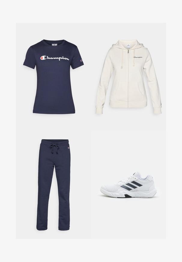 Biely zipsový hoodie vyrobený z jemnej textílie, s kapucňou na šnúrku, prednými vreckami a malým logom na ľavej hrudi.; Námornícky modré bavlnené tričko s krátkymi rukávmi, s bielym logom "Champion". Štandardný strih s okrúhlym výstrihom a jemnou textúrou.; Námornícko modré tepláky vyrobené z jemnej zmesi bavlny, so sťahovacím pásom a uzavretým lemom, s malým logom ako akcentom.; Biele športové topánky s ventilovaným vrchom, tromi čiernymi pruhmi po stranách, textúrovanými akcentmi a pevným gumovým podošvom s kontrastnou čiernou časťou.