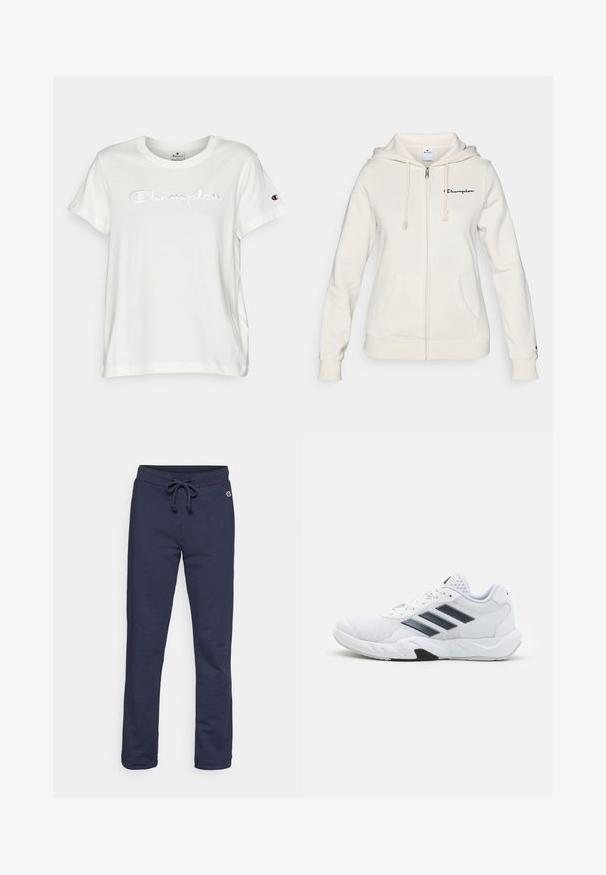 Moletom branco com fecho éclair, feito de tecido macio, apresentando capuz ajustável com cordão, bolsos frontais e um pequeno logótipo no lado esquerdo do peito.; Champion ICONS CREWNECK WITH LARGE TONAL LOGO - T-shirt básica - white; Calças de treino azul-marinho feitas de um suave tecido em mistura de algodão, com cintura elástica ajustável e bainha fechada, apresentando um pequeno logótipo como detalhe.; Tênis atlético branco com parte superior em malha, três listras pretas de cada lado, detalhes texturizados e uma sola de borracha resistente com uma seção preta contrastante.