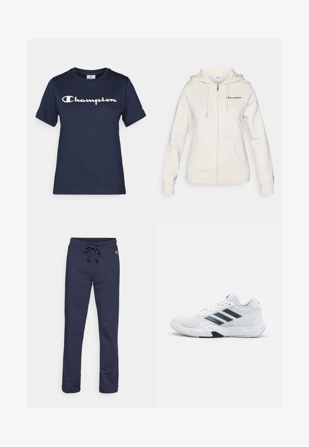 Vit zip-up hoodie i mjuk tyg, med dragkedja, snörning i huva, framfickor och en liten logotyp på vänster bröst.; Mörkblå bomulls-t-shirt med korta ärmar, med en vit "Champion"-logga på bröstet och en liten logga på ärmen.; Mörkblå träningsbyxor tillverkade av mjukt bomullsblandat tyg, med dragsko i midjan och stängd fåll, samt en liten logotypdetalj.; Vit sportskor med mesh-överdel, tre svarta ränder på sidan, texturerade detaljer och en stadig gummisula med en kontrasterande svart del.