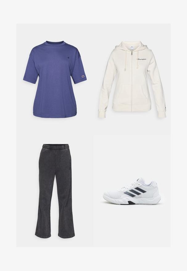 Bijela zip-jakna izrađena od mekanog materijala, s kapuljačom na žicu, prednjim džepovima i malim logotipom na lijevoj strani prsnog koša.; Ljubičasta pamučna majica s kratkim rukavima i okruglim izrezom, sa malim logotipom na prsima i logotipom na rukavu.; Flare pantalone od tkanine tamno sive boje s mekim teksturom. Imaju elastičnu traku u struku i izvezeni logotip sa strane.; Bijela atletska cipela s mrežastim gornjim dijelom, tri crne pruge sa strane, strukturirani detalji i čvrst gumeni potplat s kontrastnim crnim dijelom.