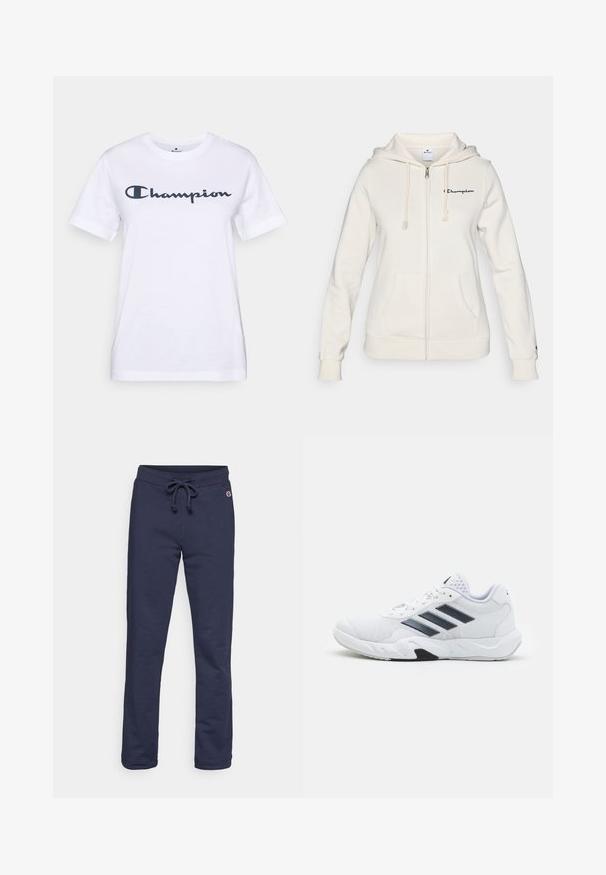 Bílá mikina na zip vyrobená z měkké tkaniny, s kapucí na šňůrku, předními kapsami a malým logem na levé hrudi.; Bílý bavlněný tričko s krátkým rukávem a kulatým výstřihem, s tmavě námořnickou logem "Champion" přes hruď. Měkká textura, základní design.; Tmavě modré tepláky vyrobené z měkké bavlněné směsi, s komfortním stahovacím pasem a zakončením nohavic, doplněné malým logem.; Bílé sportovní boty s vrškem ze síťoviny, třemi černými pruhy po stranách, texturovanými akcenty a odolnou gumovou podrážkou s kontrastní černou částí.