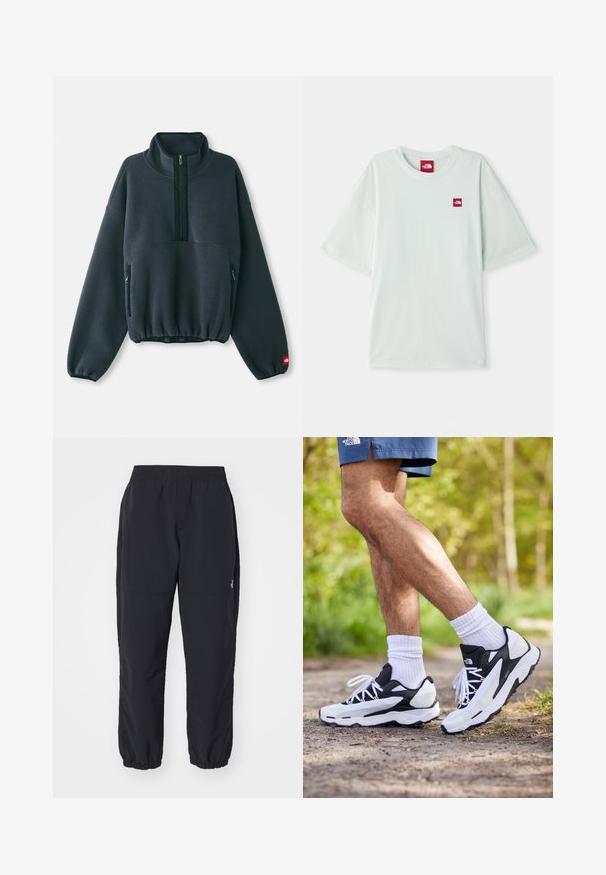 Donkergrijze fleece pullover met een hoge kraag, halve rits aan de voorkant, elastische rand en ritszakken aan de zijkant. Heeft een textuur oppervlak.; Lichtgroene T-shirt met korte mouwen van zachte katoen, voorzien van een klein rood logo label op de linker borst. Ontspannen pasvorm en ronde halslijn.; Zwarte, lichtgewicht broek met een elastische tailleband, verzamelde boorden en een gladde textuur. Heeft een subtiele zijzak op het rechterbeen.; Zwart-witte sportschoenen met een mesh bovenkant, tekstuuraccenten en witte veters. Draag gedragen met witte enkelsokken en marineblauwe shorts op een pad.