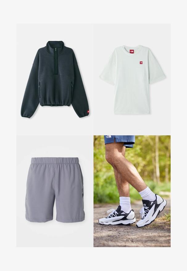Tummanharmaa fleece-huppari korkealla kauluksella, puolivälin vetoketjulla, joustavalla helmalla ja vetoketjullisilla sivutaskuilla. Sisältää tekstuuripinnan.; Vihreä lyhythihainen t-paita pehmeästä puuvillasta, jossa on pieni punainen logotagi vasemmassa rintakehässä. Rentoa istuvuutta ja pyöreä kaula-aukko.; Harmaat urheilushortsit, joissa on joustava vyötärö, sivutaskut ja sileä, kevyt kangas. Sopii urheiluun ja arkikäyttöön.; Mustat ja valkoiset urheilukengät, joissa on verkkopinta, tekstuuriset yksityiskohdat ja valkoiset nauhat. Yhdistetty valkoisiin nilkkasukkiin ja laivaston sinisiin shortsireihin polulla.