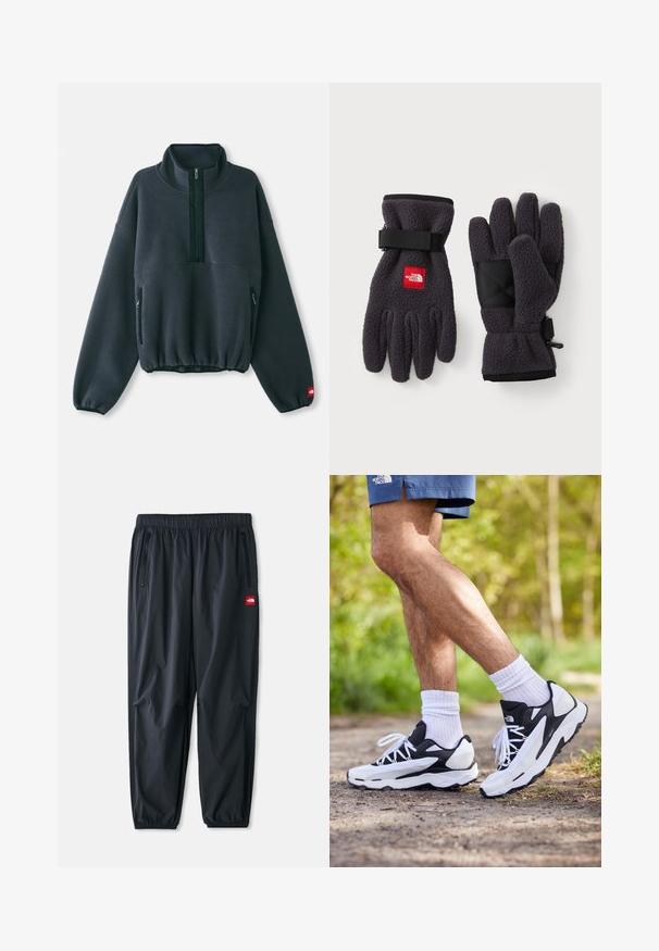 Tmavě šedý fleecový svetr s vysokým límcem, předním polo-zipem, elastickým lemem a bočními kapsami na zip. Má texturovaný povrch.; Svetle zelené tričko s krátkým rukávem vyrobené z měkké bavlny, s malou červenou nášivkou umístěnou na levé části hrudi. Volný střih a kulatý výstřih.; Černé lehké kalhoty vyrobené z syntetického materiálu, s elastickým pasem, bočními kapsami na zip a malou červenou nášivkou.; Černobílé sportovní boty s síťovaným svrškem, texturovanými akcenty a bílými tkaničkami. Nosené s bílými kotníkovými ponožkami a námořnickými šortkami na stezce.; Rukavice z fleecu v tmavě šedé barvě s texturovaným povrchem. Obsahují nastavitelné popruhy a černou vyztuženou dlaň. Logo značky v červené barvě.