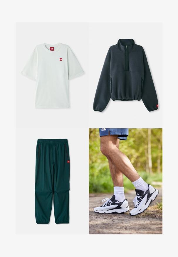 Puxador de fleece cinza escuro com gola alta, fecho de meio zíper na frente, bainha elástica e bolsos laterais com zíper. Apresenta uma superfície texturizada.; T-shirt de manga curta verde claro, feito de algodão macio, com uma pequena etiqueta de logo vermelha na área do peito esquerdo. Corte descontraído e gola redonda.; Calças exteriores em verde-escuro, com cintura elástica, dois bolsos laterais com fecho e punhos elásticos nos tornozelos. Material leve.; Ténis atléticos em preto e branco com parte superior em malha, detalhes texturizados e atacadores brancos. Usados com meias brancas até ao tornozelo e calções azul-marinho numa trilha.