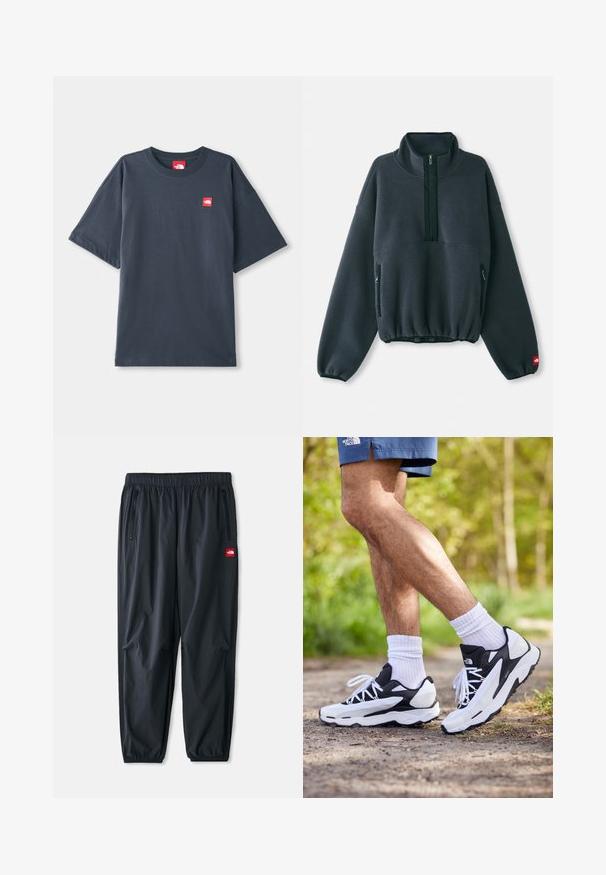 Pullover in pile grigio scuro con colletto alto, chiusura frontale a metà zip, orlo elasticizzato e tasche laterali con zip. Presenta una superficie testurizzata.; T-shirt corto a maniche corte di un blu navy scuro, realizzato in cotone, con un logo rosso applicato sul lato sinistro del petto e un classico collo rotondo.; Pantaloni neri leggeri in materiale sintetico, dotati di una vita elastica, tasche laterali con zip e un piccolo logo rosso applicato.; Scarpe sportive in bianco e nero con tomaia in rete, dettagli testurizzati e lacci bianchi. Indossate con calzini bianchi alla caviglia e pantaloni corti blu navy su un sentiero.