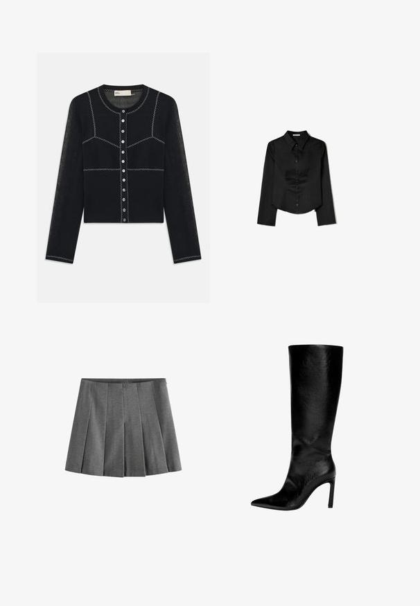 Crni pleteni kardigan s okruglim izrezom, dugim rukavima i kontrastnim bijelim šavovima. Ima prednje zatvaranje na dugmad i rebrastu teksturu.; Crna košulja dugih rukava od glatkog materijala, s izrezom u obliku oštrice, prednjim zatvaranjem na gumbe i skraćenim rubom s bočnim prorezima.; Siva plisirana suknja izrađena od mekanog materijala, s elastičnim pojasom i ravnomjernim nabranim detaljima koji stvaraju strukturirani izgled.; Čizme od crne kože do koljena s šiljastim vrhom, visokim štiklama, glatkom finišom i jednostavnim, elegantnim dizajnom bez ukrasa.