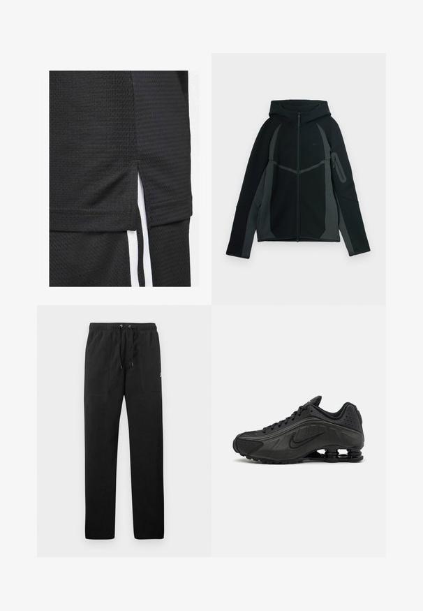 Črna in temnosiva kapuca z zadrgo spredaj, velika kapuco in stransko žep z zadrgo. Ima strukturiran dizajn in kontrastne panele.; Črni atletski dres z teksturirano tkanino, kratkim robom in stranskimi razpoke ter belimi accentnimi črtami ob straneh.; Črne trenirke iz flisa, z elastičnim pasom in vrvico, dvema sprednjima žepoma ter majhnim logotipom na stegnu.; Črne tekalne čevlje z gladkim sintetičnim zgornjim delom, perforiranimi poudarki, teksturiranimi stranskimi paneli in edinstvenim elastičnim podplatom.