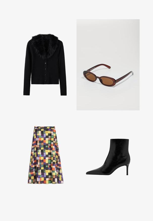 Black ribbed cardigan with long sleeves, featuring a faux fur collar and six button closures down the front. Soft texture.; White ribbed tank top, features wide shoulder straps and a fitted design, paired with high-waisted black trousers and a black belt.; Colorful midi skirt with a checkered pattern of orange, yellow, green, purple, black, and tan squares on a flowy fabric.; Black ankle boot with a pointed toe design, made of glossy leather. Features a stiletto heel and smooth texture. No visible embellishments.; Round, brown-tinted sunglasses with a glossy burgundy frame. Slim arms with subtle branding detail. Flat lens design.; Vero Moda VMDITTA - Tote bag - black