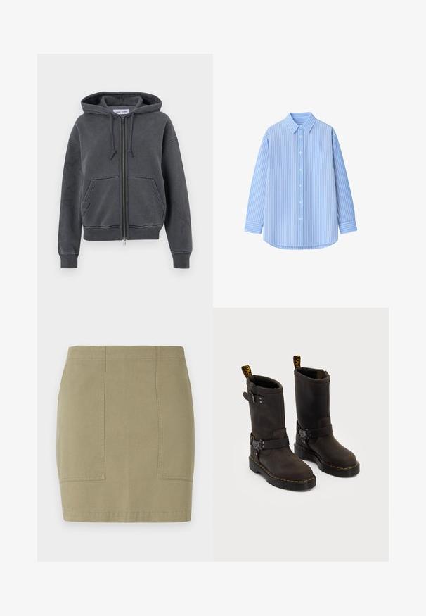 Hanorac cu fermoar de culoare gri cărbune, realizat dintr-un material moale, cu glugă ajustabilă, buzunare frontale și manșete și tiv cu model cordonat. Design minimalist.; Cămașă button-up de culoare albastră deschisă cu dungi verticale albe, mâneci lungi, guler și margine rotunjită. Fabricată dintr-un material neted cu o textură bine definită.; Fustă verde măsliniu, până la genunchi, dintr-un amestec de bumbac, cu buzunare laterale și cusături curate. Textură netedă, siluetă ajustată.; Bocanci din piele maro închis cu un design până la jumătatea tibiei, cusături galbene, curele cu catarame ajustabile și bucle pentru tragere în partea de sus. Finisaj texturat.