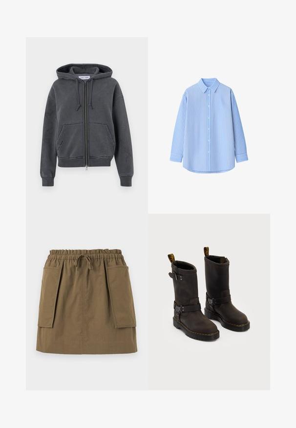 Söehallid värvi tõmblukuga kapuutsiga pusa, mis on valmistatud pehmest kangast, ees taskud ja ribad käe- ja allääres. Minimalistlik disain.; Heledad sinine nööbiga särk valgete vertikaalsete triipudega, pika varrukaga, krae ja ümmargune äär. Valmistatud siledast kangast, mille tekstuur on kvaliteetne.; Pruun ja valge triibuline lühikeste varrukatega T-särk ümmarguse kaeluse ja väikese logoga rinnal. Valmistatud pehmest puuvillast materjalist.; Olive roheline, põlvepikkune seelik, millel on elastne vöökoht, nöör ja kaks suurt küljetaskut. Valmistatud kergest kangast, millel on nähtavad õmblused.; Tumedate pruunid nahast saapad keskmise kannaga, kollased õmblused, reguleeritavad klambrid ja tõmblukud ülaosas. Marmoreeritud viimistlus.