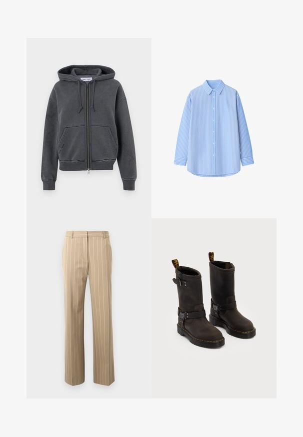 Sudadera de cremallera color gris carbón, hecha de una tela suave con capucha ajustable, bolsillos delanteros y puños y dobladillo acanalados. Diseño minimalista.; Camisa de botón azul claro con rayas verticales blancas, de manga larga, con collar y un dobladillo redondeado. Hecha de una tela suave con una textura nítida.; Pantalones beige con un corte entallado, con rayas blancas verticales, textura suave, presillas para cinturón y dos bolsillos delanteros.; Botas de cuero marrón oscuro con un diseño a media pantorrilla, costuras amarillas, correas de hebilla ajustables y lengüetas de tirón en la parte superior. Acabado texturizado.