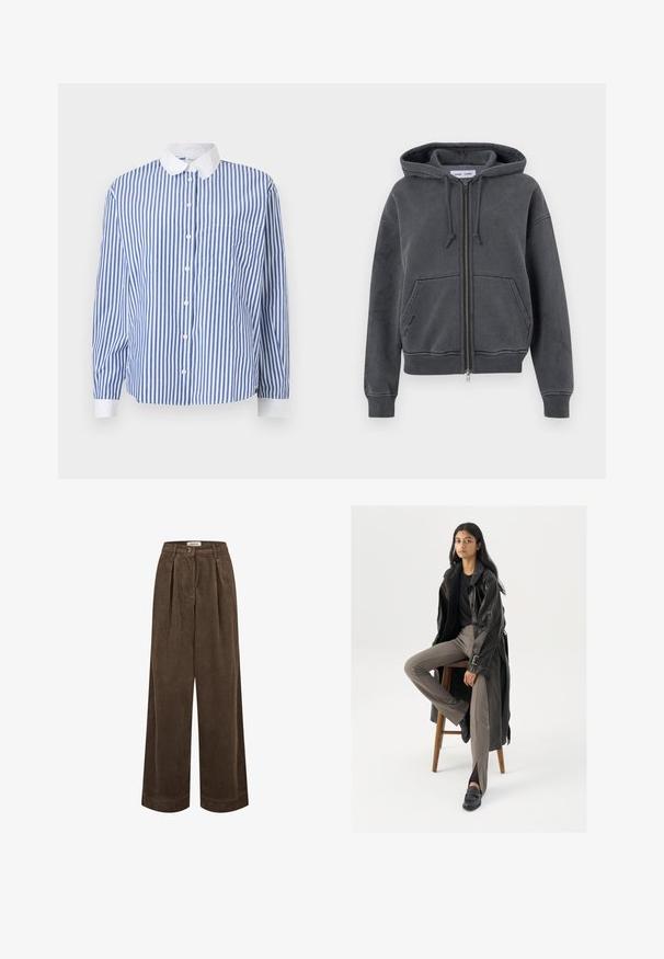 Charcoal šedá mikina so zipsom, vyrobená z mäkkej tkaniny s kapucňou na šnúrky, prednými vreckami a rebrovanými manžetami a spodným okrajom. Minimalistický dizajn.; Modrá a biela pruhovaná košeľa s dlhým rukávom a bielym golierom, s vreckom na ľavej strane a voľným strihom.; Hnedé kordové nohavice s širokým strihom majú vysoký pás, predné skladky a jedno gombíkové zapínanie. Hladká textúra so subtílnymi ryhami po celom povrchu.; Čierny kožený trenčkot s gombíkmi a detailom pásu, v kombinácii so svetlohnedými priliehavými nohavicami a čiernymi mokasínami, posadený na drevenej stoličke.