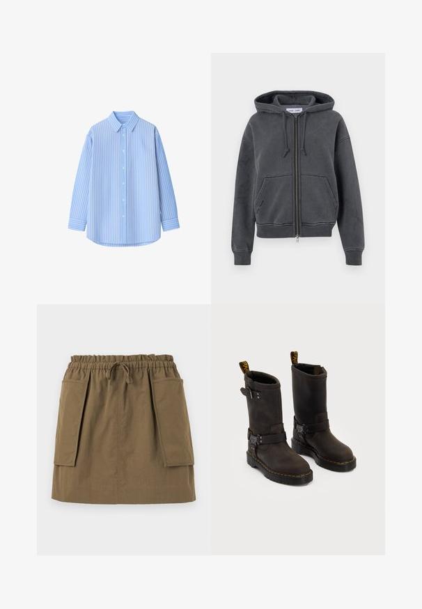 Charcoal šedá mikina so zipsom, vyrobená z mäkkej tkaniny s kapucňou na šnúrky, prednými vreckami a rebrovanými manžetami a spodným okrajom. Minimalistický dizajn.; Svetlomodrá košeľa na gombíky s bielymi vertikálnymi pruhmi, dlhými rukávmi, golierom a zaobleným lemom. Vyrobená z hladkej látky s ostrou textúrou.; Hnedo-biely prúžkovaný tričko s krátkym rukávom a okrúhlym výstrihom, s malým logom na hrudi. Vyrobené z mäkkej bavlnenej látky.; Olivová zelená sukňa po kolená s elastickým pásom, šnúrkou a dvoma veľkými bočnými vreckami. Vyrobená z ľahkého materiálu s viditeľnými švami.; Tmavohnedé kožené čižmy s dizajnom do polovice lýtok, žltým šitím, nastaviteľnými prackami a pútkami na vrchu. Štruktúrovaný povrch.